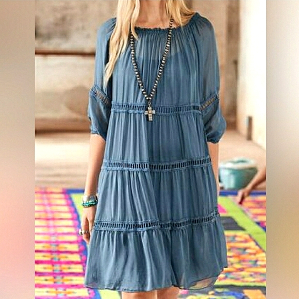 🆕 100% SILK SUNDANCE Boho Chic Blue Dress